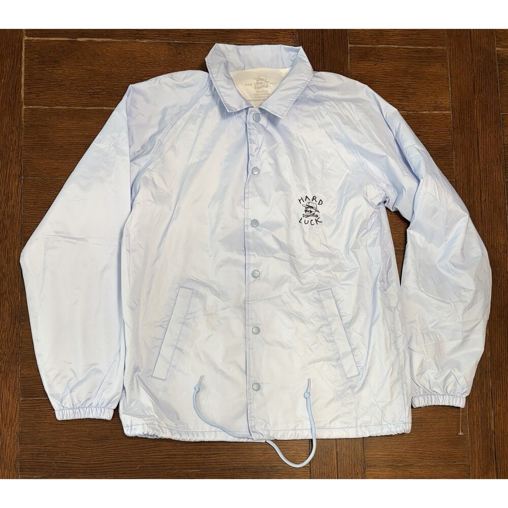 Hard Luck Jacket Mens M Light Blue Coach Windbreaker Snap Front Skateboard NWOT
